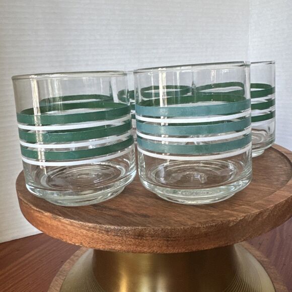 Vintage Green And White Small 8 Ounce Striped Juice Glasses Set of 5 - Picture 6 of 11